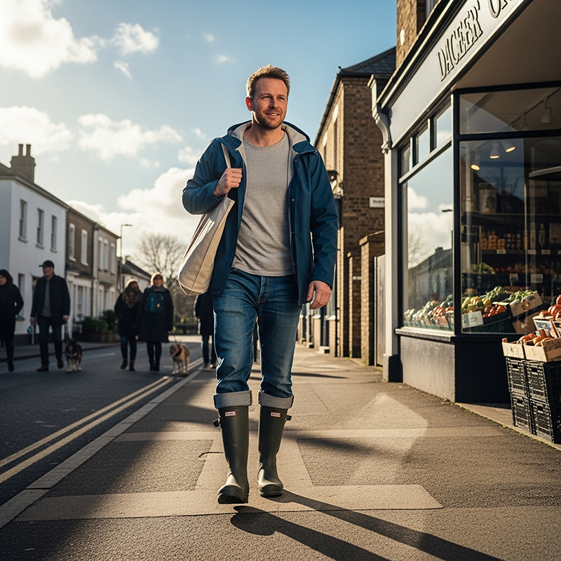 Guy wearing Wellington boots on sunny day to shops